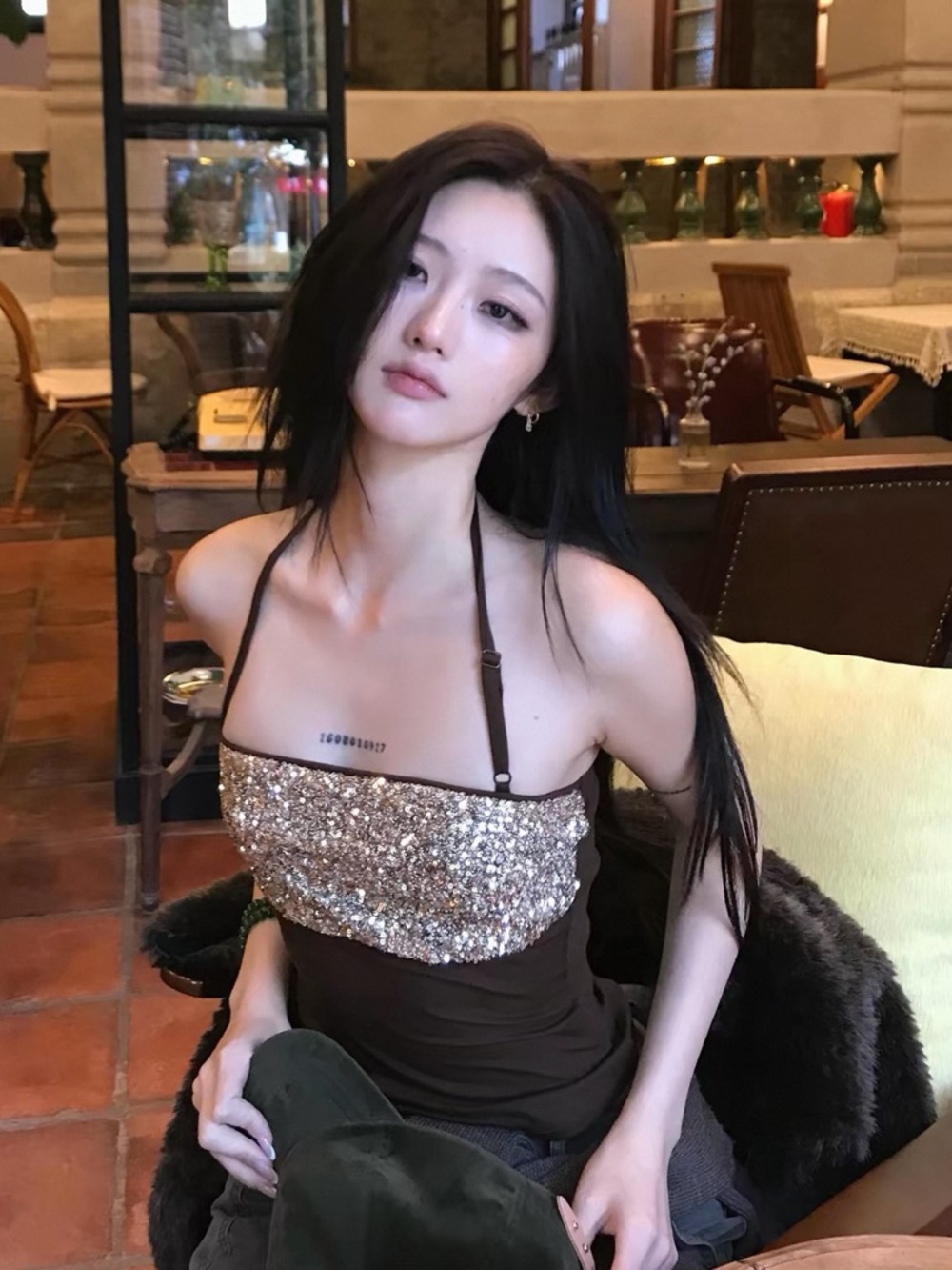 NWT - Sequin Strapless Halter Top in Brown and Gold